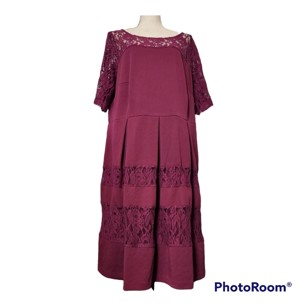 Gabby skye sz 18W lace yoke box pleat skirt quarter sleeve wine dress NWT